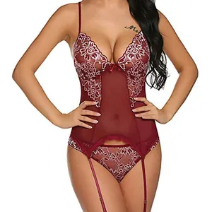 Lingerie sexy rouge vin grande taille avec dentelle florale et porte-jarretelles pour femme