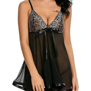 Nuisette Sexy pour Femme en Dentelle et Maille Babydoll Col en V Dos Nu Chemise de Nuit Lingerie Robe Avec Nœud Grande Taille