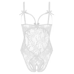 White floral lace bodysuit with open chest and crotch design plus bow straps