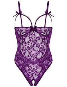 Detailed view of purple lace bodysuit with satin bows and open-cup design details