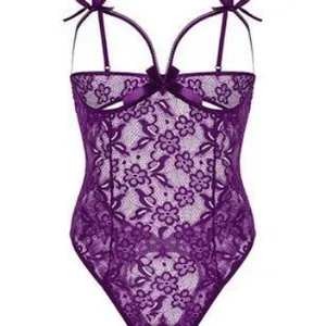 Purple floral lace bodysuit lingerie with bow accents and hollow-out design for women