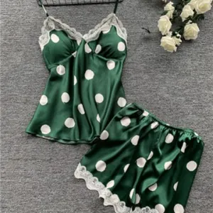 Cute dark green polka dot satin pajama set for women with white lace trim details