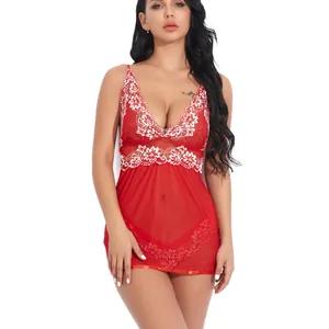 Lingerie Babydoll Sexy en Dentelle pour Femmes Vêtements de Nuit en Maille Transparente Broderie Col en V Chemise et String