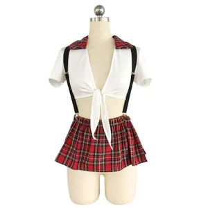 Three-piece schoolgirl lingerie uniform with white crop top and red plaid pleated skirt