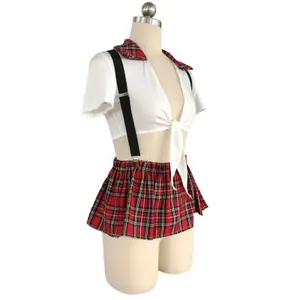 Three-piece schoolgirl cosplay lingerie set with plaid pleated skirt and white crop top
