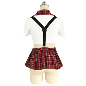 Back view of JK style student uniform with white crop top and red plaid pleated skirt