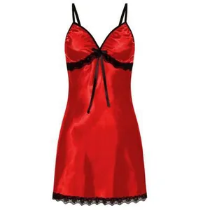 Detail of red satin nightgown featuring black lace trim and bow on V-neckline