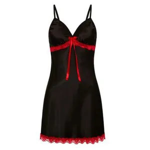 Sexy black satin chemise with red lace trim and a delicate bow tie detail