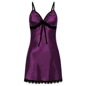 Deep purple satin chemise nightgown with delicate black lace trim and V-neckline