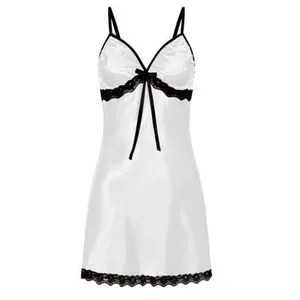 Elegant white satin chemise nightgown with black lace trim and bow accent detail