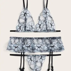 Women Sexy Floral Embroidery Lingerie Set Sheer Mesh Bra Garter Belt And Thong Underwear Set Romantic Nightwear Lingerie