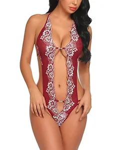 Detailed close-up of wine red lace teddy with plunging V-neck and white floral embroidery