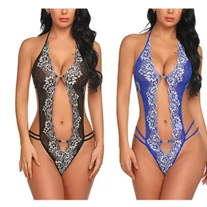 Lace halter bodysuit with deep V-neck and hollow straps in black and blue styles