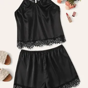 Women Plus Size Satin Lingerie Set Lace Trim Cami Top And Bottom Sleepwear Elegant Spandex Satin Pajama Set