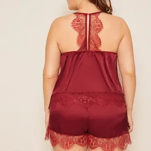 Burgundy satin sleepwear set for women with floral lace racerback and eyelash trim