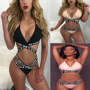 Ensemble bikini deux pièces sexy avec haut dos nu croisé et bandes élastiques LOVE