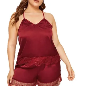 Wine red plus size satin sleepwear set with elegant eyelash lace trim and V-neckline