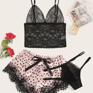 Damen Sexy Spitze Camisole Herz Druck Satin Shorts Thong Süße Schleife Schlafanzug Unterwäsche Oberteil und Unterteil