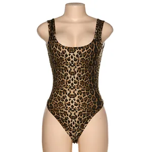 Sexy leopard print one-piece bodysuit lingerie with deep round neck and elastic fit