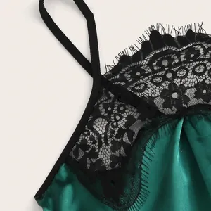 Sexy dark green satin camisole with black eyelash lace trim and thin shoulder straps