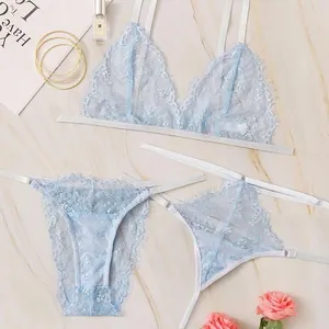 Sexy Light Blue Floral Lace Lingerie With Eyelash Trim Triangle Bra And Panties For Women Romantic Soft Spandex Sleepwear