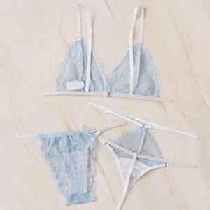 Three-piece light blue eyelash lace lingerie set with strappy floral design on marble