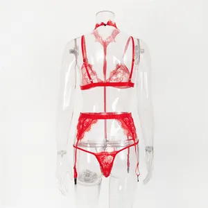 Detail of red eyelash lace lingerie set featuring strapless bra and garter belt set