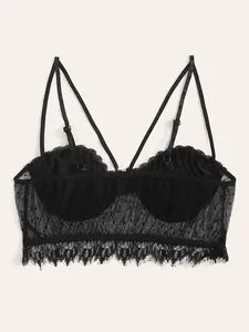 Women's Plus Size Black Lace Bra Sexy Eyelash Lace Bralette With Adjustable Straps Polka Dot Mesh Sexy Lingerie Bustier Top