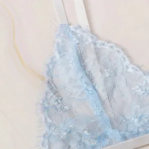 Detailed view of light blue lace lingerie set with floral embroidery and white straps