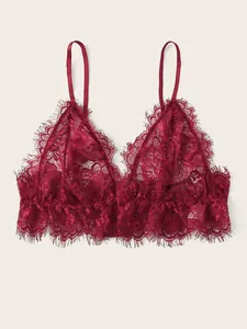 Detailed close-up of dark wine red lace lingerie top with eyelash trim and floral mesh