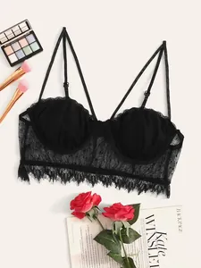 Sexy black lace bralette for women with sheer floral patterns and delicate scalloped edges