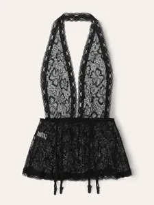 Body en dentelle noire sexy avec décolleté licou en V profond et jarretières réglables