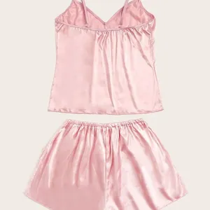 Dames Sexy Roze Satijn Kant Pyjama V-hals Top En Short Loungewear Lingerie Nachtmode Voor Vrouwen