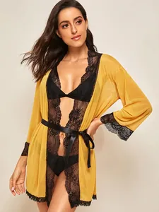 Sexy three-piece lingerie set with yellow sheer mesh robe and black floral lace trim