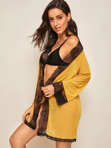 Sexy ginger sheer mesh women's robe with black lace trim and matching bikini set