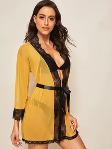 Sexy ginger yellow sheer mesh robe with black eyelash lace trim and satin waist belt
