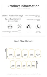 Detailed size chart for press-on nails showing ABS resin material and 10 size dimensions