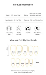 Size chart for oval press-on nails showing 30 pieces with dimensions from 4mm to 25mm