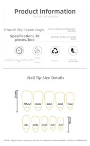 Size chart showing width 4-20mm and length 18-25mm for 30pcs handmade press-on nails