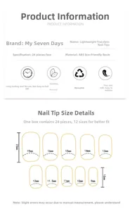 Size chart showing 24pcs pink French press-on nails with dimensions and ABS material info