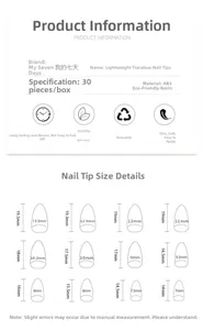 Size chart for cat eye press-on nails set showing 30 pieces of ABS resin nail tips
