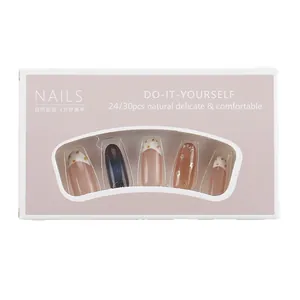 Pink and blue gradient press-on nails set with star patterns and French tip designs