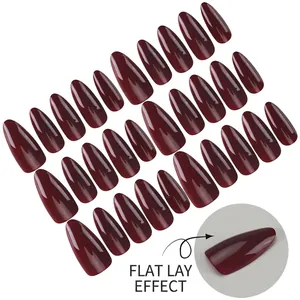 Glossy almond wine red press-on nails set with 24 pieces in various sizes