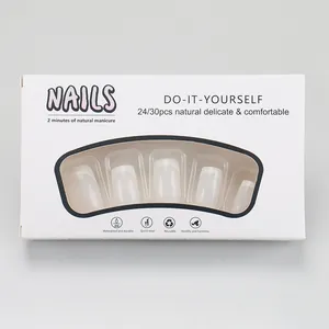 Detail of nude pink French press-on nails set with 24 pieces and DIY packaging