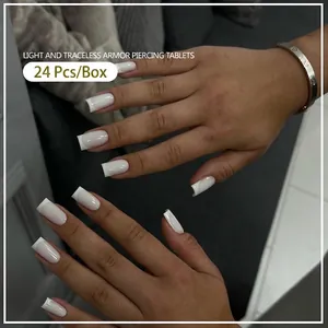 Classic white French tip press-on nails in medium square shape, 24 pieces per box set
