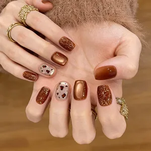 Stampa Leopardata Occhio di Gatto Unghie Finte a Pressione Resina ABS Quadrato Rotondo Corto Rosso Marrone Ambra Fatto a Mano Unghie Riutilizzabili per Donna Arte Unghie