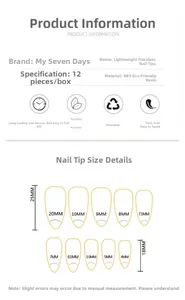 Size guide for nude pink press-on nails set showing width and length in millimeters