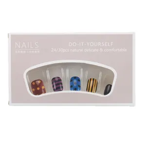 Press-on nail set featuring colorful polka dots and stripes patterns in a pink box