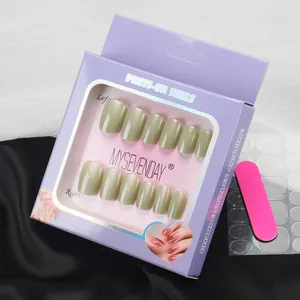 Short olive green press-on nail set with glossy finish including glue and mini file