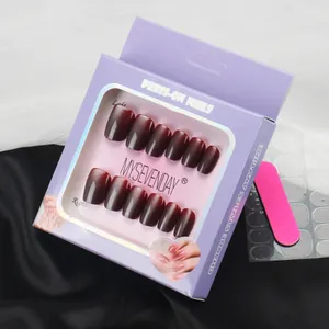 Deep burgundy cat eye press-on nails set with adhesive tabs and nail file kit